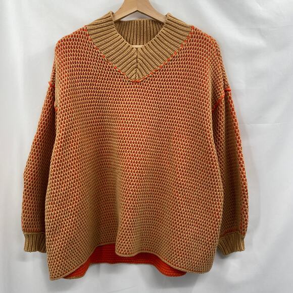 Free people orange tan v neck oversized sweater - Picture 3 of 8